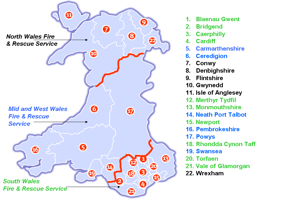 Fig. 2 – Welsh FRS Service Areas, by Unitary Authority