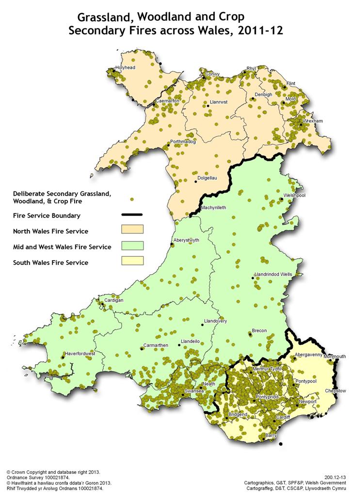 Grassland, Woodland and Crop Secondary Fires across Wales, 2011-12